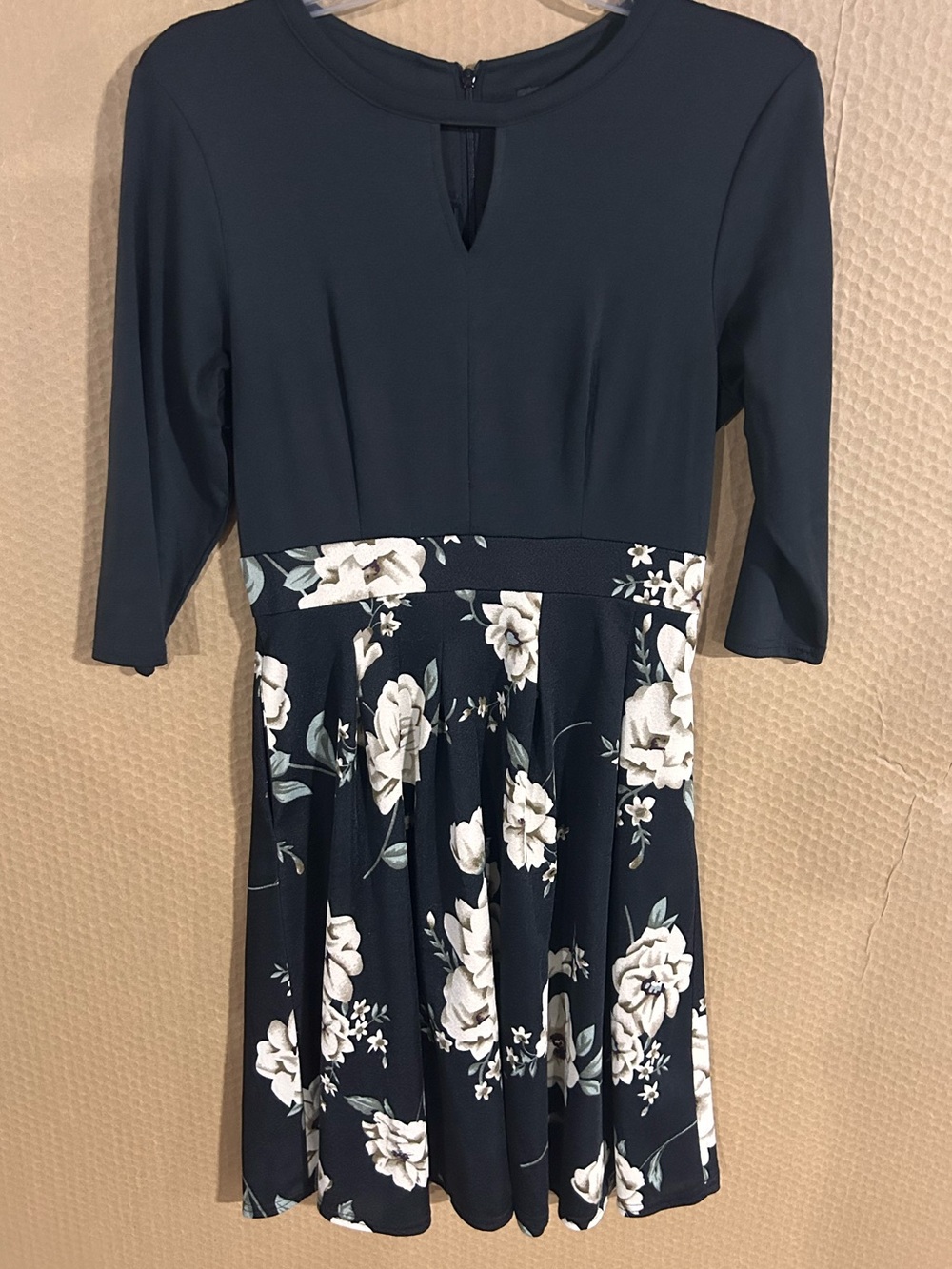 Navy Floral Midi Dress with Keyhole Neckline